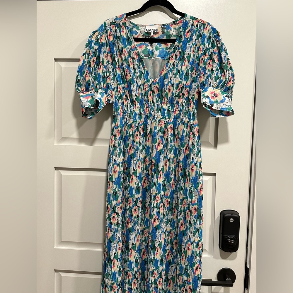 GANNI floral print smocked plisse georgette mini dress - Picture 4 of 7